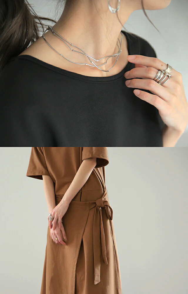 ワンピース レディース ロングワンピース ロング ワンピ 半袖 ラップスカート 丸首 ウエストリボン レイヤード リボン ウエストリボン 無地 シンプル アシンメトリー 体型カバー 黒 白 グレー ブルー ブラウン 大きいサイズ 春 夏 HUG.U - Image 16