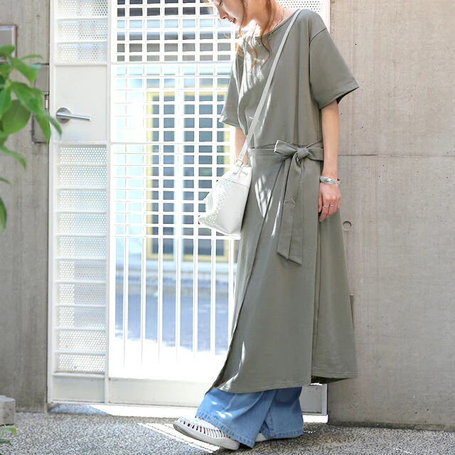 ワンピース レディース ロングワンピース ロング ワンピ 半袖 ラップスカート 丸首 ウエストリボン レイヤード リボン ウエストリボン 無地 シンプル アシンメトリー 体型カバー 黒 白 グレー ブルー ブラウン 大きいサイズ 春 夏 HUG.U - Image 20