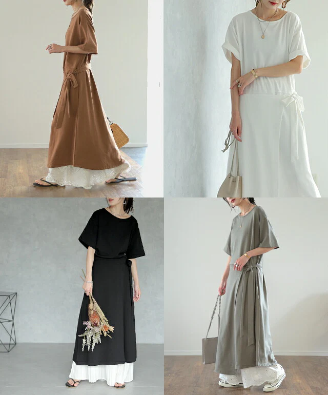 ワンピース レディース ロングワンピース ロング ワンピ 半袖 ラップスカート 丸首 ウエストリボン レイヤード リボン ウエストリボン 無地 シンプル アシンメトリー 体型カバー 黒 白 グレー ブルー ブラウン 大きいサイズ 春 夏 HUG.U - Image 23
