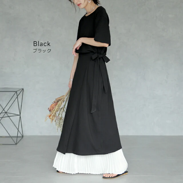 ワンピース レディース ロングワンピース ロング ワンピ 半袖 ラップスカート 丸首 ウエストリボン レイヤード リボン ウエストリボン 無地 シンプル アシンメトリー 体型カバー 黒 白 グレー ブルー ブラウン 大きいサイズ 春 夏 HUG.U - Image 9