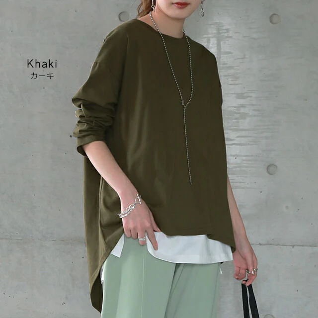 カットソー レディース バックスリット ロンT トップス 長袖 レイヤード スリット Tシャツ ロングTシャツ ベーシック ゆる 丸首 無地 シンプル ロンティー 黒 白 グレー 大きいサイズ 春 夏 HUG.U メール便 - Image 14