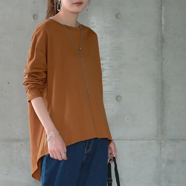 カットソー レディース バックスリット ロンT トップス 長袖 レイヤード スリット Tシャツ ロングTシャツ ベーシック ゆる 丸首 無地 シンプル ロンティー 黒 白 グレー 大きいサイズ 春 夏 HUG.U メール便 - Image 26