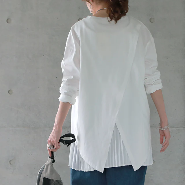 カットソー レディース バックスリット ロンT トップス 長袖 レイヤード スリット Tシャツ ロングTシャツ ベーシック ゆる 丸首 無地 シンプル ロンティー 黒 白 グレー 大きいサイズ 春 夏 HUG.U メール便 - Image 32