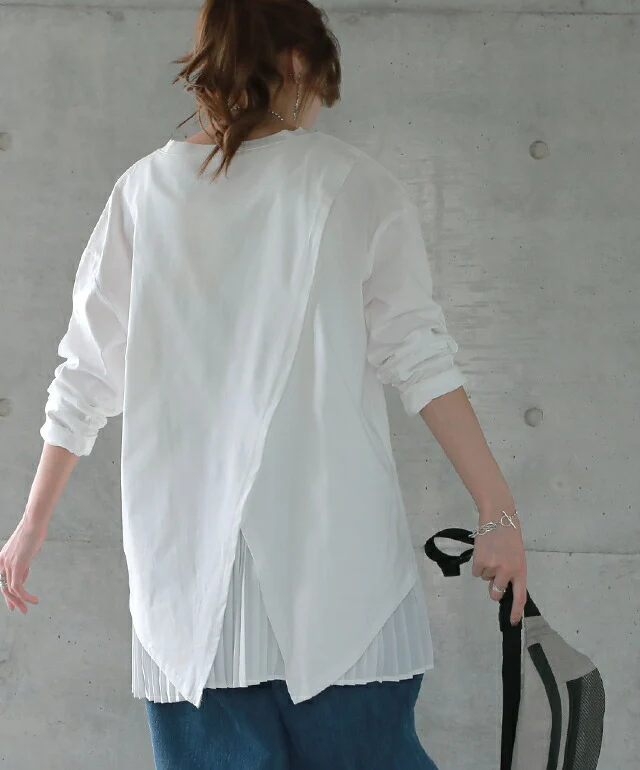 カットソー レディース バックスリット ロンT トップス 長袖 レイヤード スリット Tシャツ ロングTシャツ ベーシック ゆる 丸首 無地 シンプル ロンティー 黒 白 グレー 大きいサイズ 春 夏 HUG.U メール便 - Image 5
