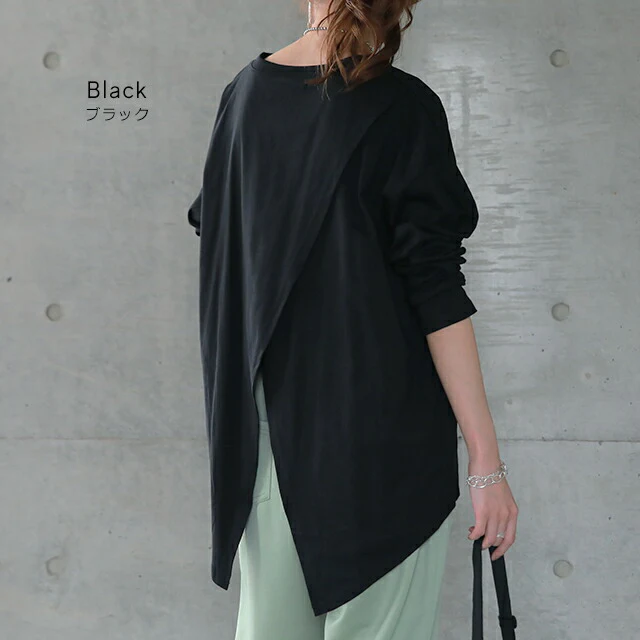 カットソー レディース バックスリット ロンT トップス 長袖 レイヤード スリット Tシャツ ロングTシャツ ベーシック ゆる 丸首 無地 シンプル ロンティー 黒 白 グレー 大きいサイズ 春 夏 HUG.U メール便 - Image 8