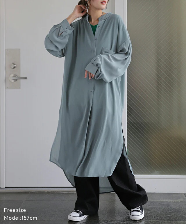 シアーシャツ ロングシャツ シャツ ロング ワンピース シフォンワンピース シフォンワンピ シフォン マキシ ノーカラー 長袖 レディース シアー バンドカラー きれいめ シースルー 黒 白 春 夏 HUG.U メール便 - Image 18