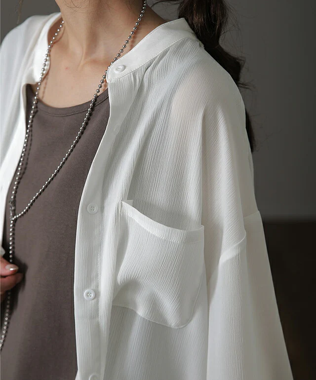 シアーシャツ ロングシャツ シャツ ロング ワンピース シフォンワンピース シフォンワンピ シフォン マキシ ノーカラー 長袖 レディース シアー バンドカラー きれいめ シースルー 黒 白 春 夏 HUG.U メール便 - Image 19