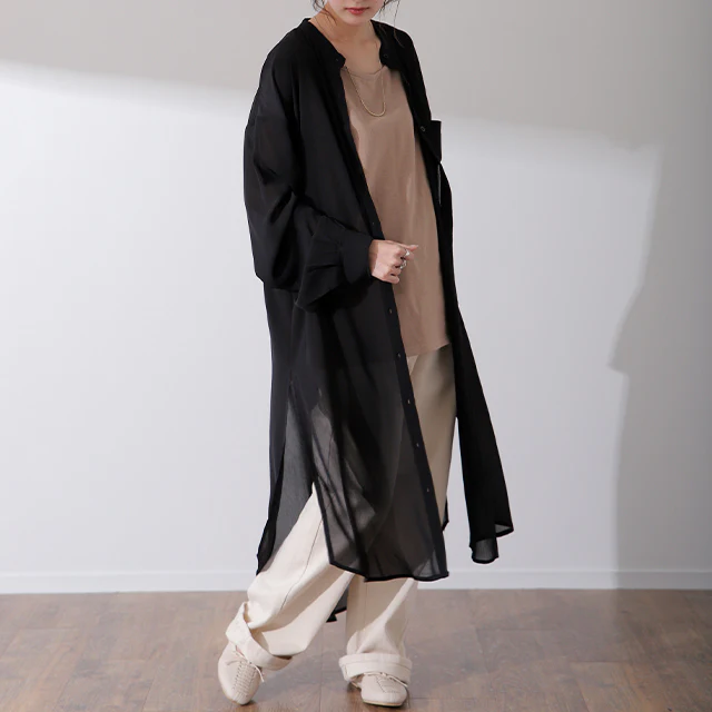 シアーシャツ ロングシャツ シャツ ロング ワンピース シフォンワンピース シフォンワンピ シフォン マキシ ノーカラー 長袖 レディース シアー バンドカラー きれいめ シースルー 黒 白 春 夏 HUG.U メール便 - Image 27