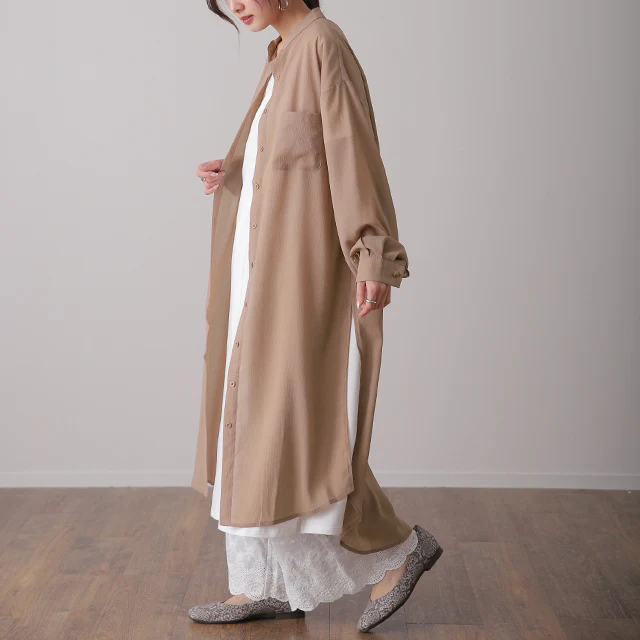 シアーシャツ ロングシャツ シャツ ロング ワンピース シフォンワンピース シフォンワンピ シフォン マキシ ノーカラー 長袖 レディース シアー バンドカラー きれいめ シースルー 黒 白 春 夏 HUG.U メール便 - Image 30