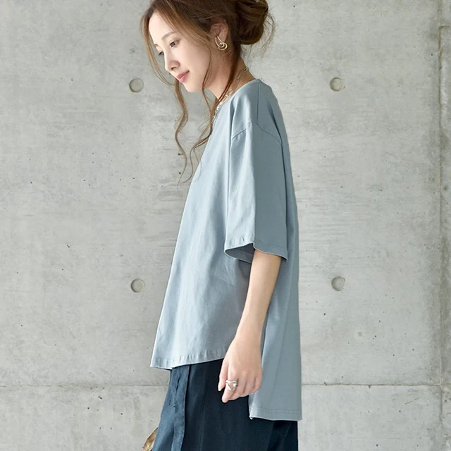 Tシャツ トップス レディース カットソー チュニック 半袖 ビッグシルエット ゆる ドロップショルダー 大きいサイズ Uネック 丸首 無地 ボックスT 白T ティーシャツ シンプル 5分袖 お尻が隠れる 黒 白 カーキ 春 夏 HUG.U メール便 - Image 30
