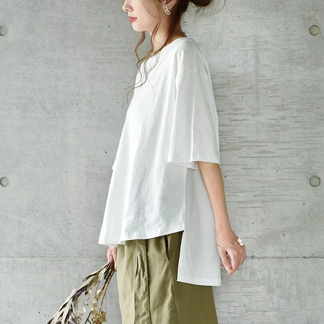 Tシャツ トップス レディース カットソー チュニック 半袖 ビッグシルエット ゆる ドロップショルダー 大きいサイズ Uネック 丸首 無地 ボックスT 白T ティーシャツ シンプル 5分袖 お尻が隠れる 黒 白 カーキ 春 夏 HUG.U メール便 - Image 32