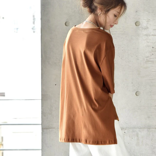 Tシャツ トップス レディース カットソー チュニック 半袖 ビッグシルエット ゆる ドロップショルダー 大きいサイズ Uネック 丸首 無地 ボックスT 白T ティーシャツ シンプル 5分袖 お尻が隠れる 黒 白 カーキ 春 夏 HUG.U メール便 - Image 33