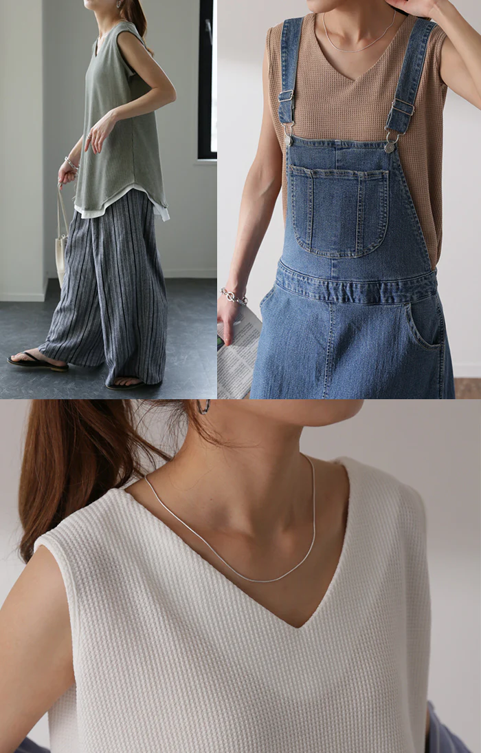タンクトップ ワッフル トップス レディース タンク ノースリーブ Vネック レイヤード 重ね着 袖なし 半袖 シンプル 無地 きれいめ ロング丈 ラウンド カットソー キャミ 黒 白 グレー 大きいサイズ 春 夏 HUG.U メール便 - Image 13