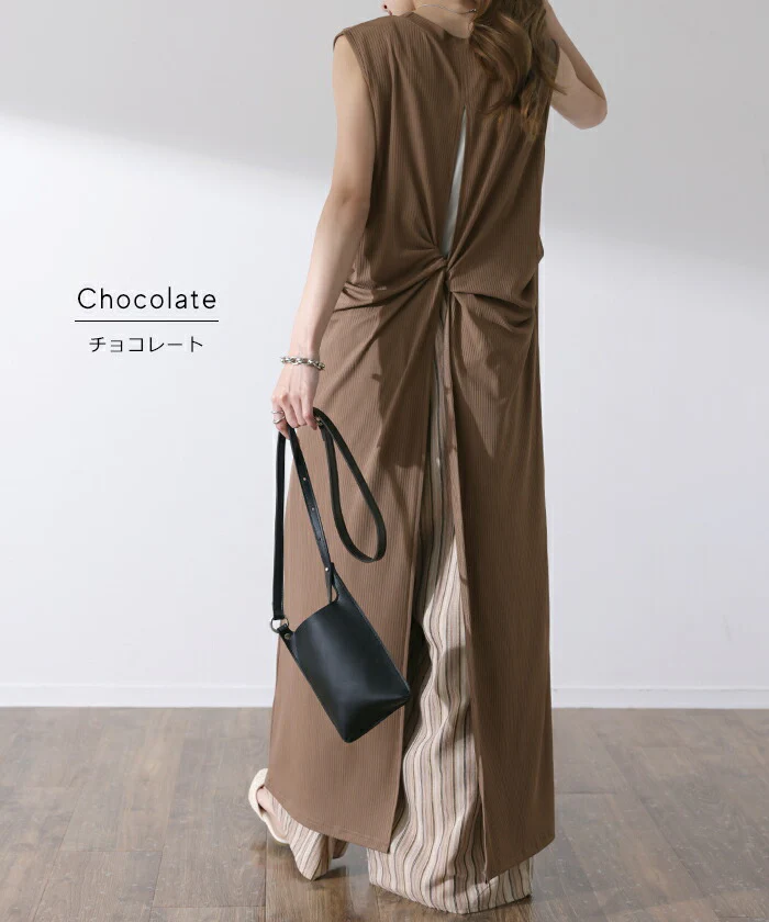 【夏セール】 ワンピース マキシワンピース バックツイスト マキシ マキシワンピ レディース リブ ロングワンピース ロング ロングワンピ ノースリーブ タンクトップ レイヤード スリット 体型カバー 黒 グレー 白 ブラウン 大きいサイズ 春 夏 HUG.U メール便 - Image 17