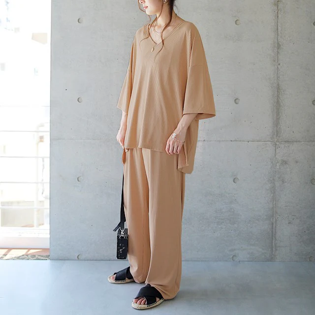 【夏セール】 セットアップ トップス パンツ ルームウェア ワンマイルウェア リブ 部屋着 2点セット 上下セット パジャマ レディース Tシャツ ボトムス 半袖 ウエストゴム 五分袖 七分袖 ドロップショルダー 無地 黒 ベージュ 大きいサイズ 白 春 夏 HUG.U - Image 21