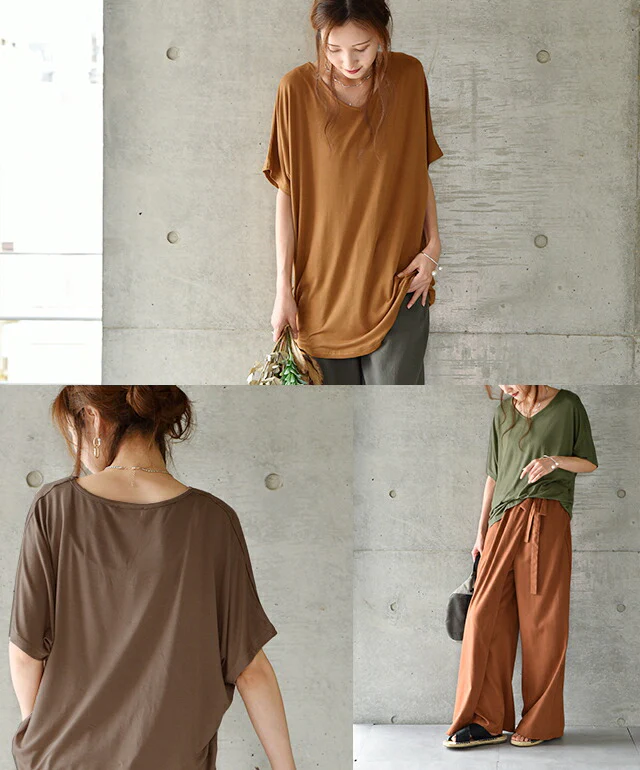 トップス レディース Tシャツ カットソー Vネック 無地 シンプル ドルマン 白T 大きいサイズ 二の腕カバー きれいめ ゆったり 五分袖 ドルマントップス ティーシャツ 黒 白 ネイビー カーキ 春 夏 HUG.U メール便 - Image 18