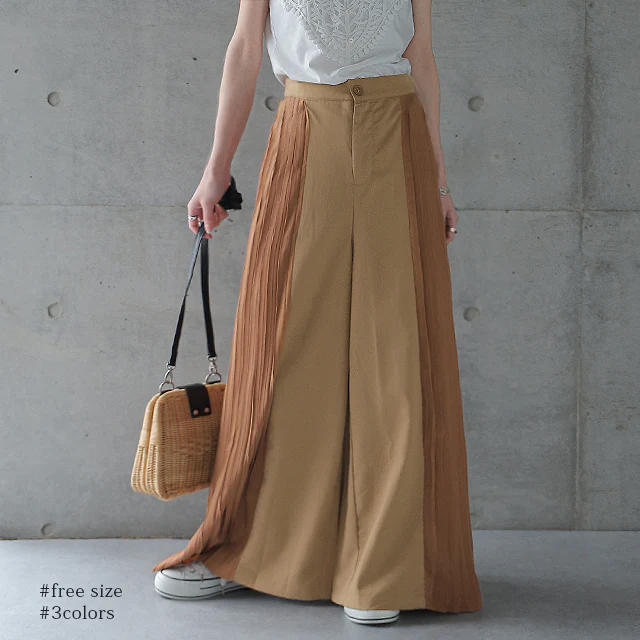 【夏セール】 「ワンランク上」の着こなしを。 パンツ ワイドパンツ レディース プリーツ ボトムス フレア フレアパンツ ワイド ロング バギー ゴム ウエストゴム ズボン ワイド きれいめ Aライン 配色 バイカラー 黒 グレー 大きいサイズ 春 夏 HUG.U - Image 24