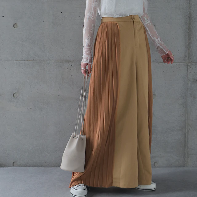 【夏セール】 「ワンランク上」の着こなしを。 パンツ ワイドパンツ レディース プリーツ ボトムス フレア フレアパンツ ワイド ロング バギー ゴム ウエストゴム ズボン ワイド きれいめ Aライン 配色 バイカラー 黒 グレー 大きいサイズ 春 夏 HUG.U - Image 29