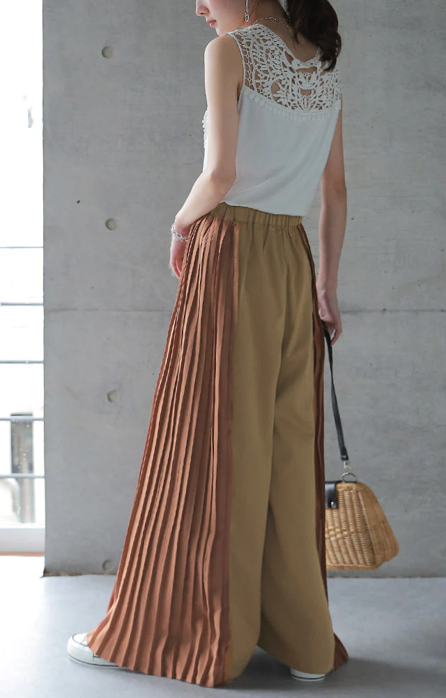 【夏セール】 「ワンランク上」の着こなしを。 パンツ ワイドパンツ レディース プリーツ ボトムス フレア フレアパンツ ワイド ロング バギー ゴム ウエストゴム ズボン ワイド きれいめ Aライン 配色 バイカラー 黒 グレー 大きいサイズ 春 夏 HUG.U - Image 6
