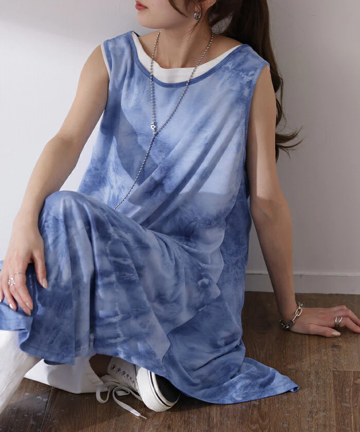 【夏セール】 ワンピース タイダイ柄 マキシワンピース マキシ ■一部7月上旬入荷 マキシワンピ レディース ロングワンピース ロング ロングワンピ ノースリーブ タンクトップ レイヤード チュニック スリット 体型カバー 黒 グレー 大きいサイズ 春 夏 HUG.U メール便 - Image 7