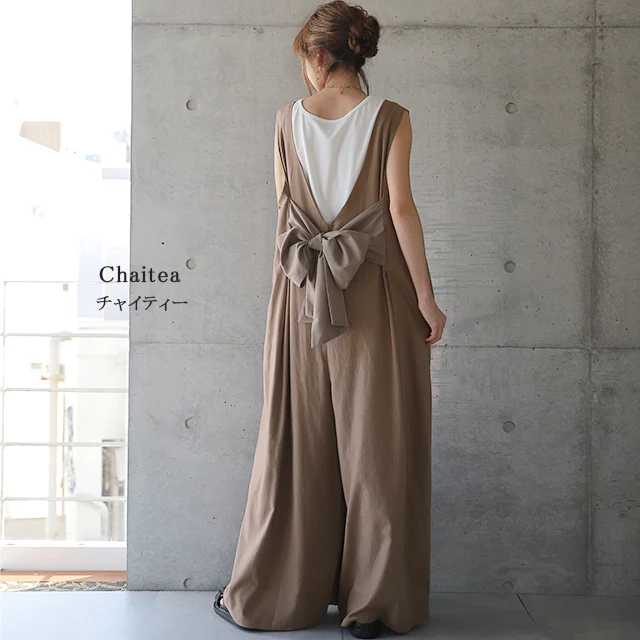 【夏セール】 オールインワン レディース サロペット サロペ ■一部7月上旬入荷 オーバーオール 体型カバー リボン バックリボン 後ろリボン 大きいサイズ フリーサイズ ワイドパンツ ワイド ワンピース パンツ ワンピ つなぎ ズボン ベージュ 黒 グレー 春 夏 HUG.U - Image 12