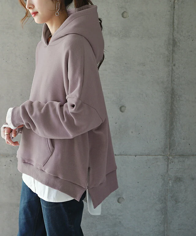 【特別価格】 垢抜けサイドジップ。あったか裏シャギーパーカー パーカー レディース 裏シャギー トップス トレーナー スウェット スエット プルオーバー フード フーディー スリット サイドジップ 無地 裏起毛 小顔 大きいサイズ 黒 グレー 春 夏 HUG.U - Image 3