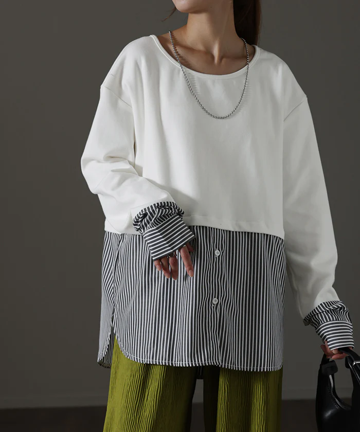 シャツ×カットソー レイヤード レイヤード風 裏起毛 シャツ カットソー トップス フェイクシャツ レイヤードシャツ レディース フェイク インナー 付け裾 重ね着 スリット ストライプ ブラウス 白 黒 つけ裾 綿 大きいサイズ 丸首 春 夏 HUG.U メール便 - Image 28