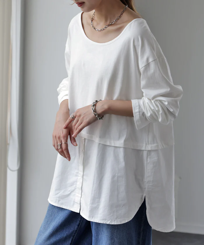 シャツ×カットソー レイヤード レイヤード風 裏起毛 シャツ カットソー トップス フェイクシャツ レイヤードシャツ レディース フェイク インナー 付け裾 重ね着 スリット ストライプ ブラウス 白 黒 つけ裾 綿 大きいサイズ 丸首 春 夏 HUG.U メール便 - Image 30