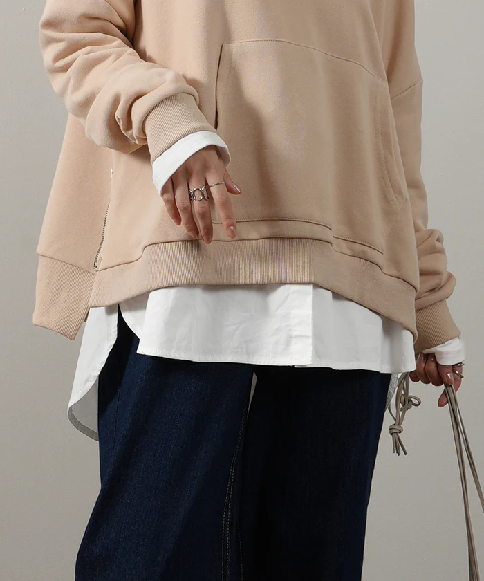 シャツ×カットソー レイヤード レイヤード風 裏起毛 シャツ カットソー トップス フェイクシャツ レイヤードシャツ レディース フェイク インナー 付け裾 重ね着 スリット ストライプ ブラウス 白 黒 つけ裾 綿 大きいサイズ 丸首 春 夏 HUG.U メール便 - Image 5