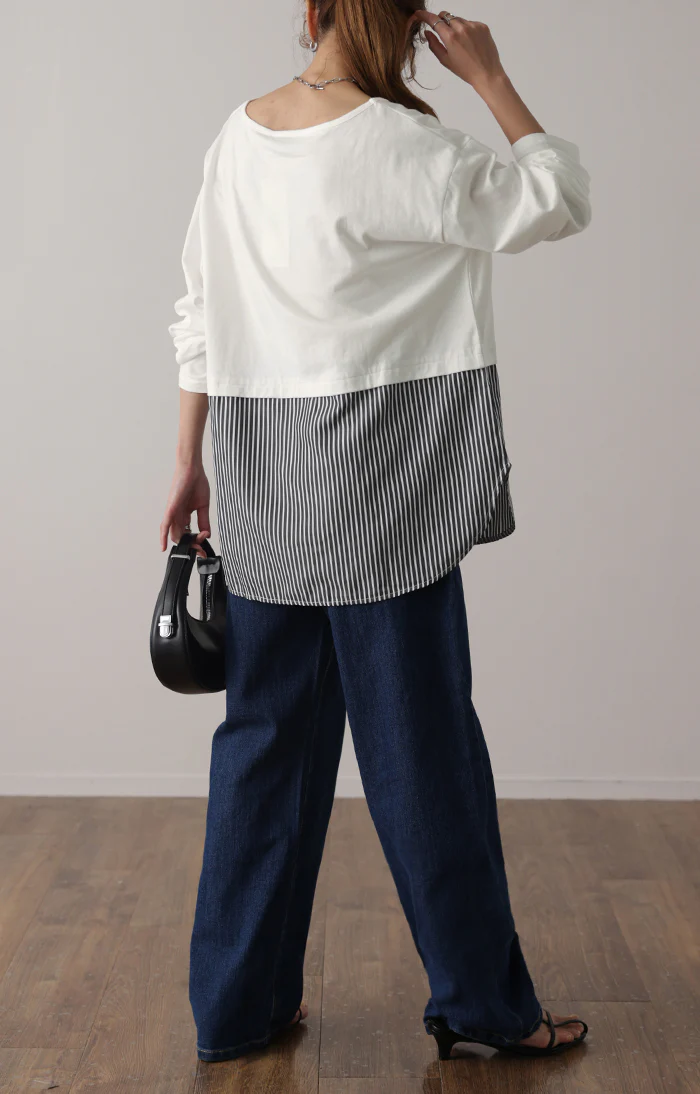 シャツ×カットソー レイヤード レイヤード風 裏起毛 シャツ カットソー トップス フェイクシャツ レイヤードシャツ レディース フェイク インナー 付け裾 重ね着 スリット ストライプ ブラウス 白 黒 つけ裾 綿 大きいサイズ 丸首 春 夏 HUG.U メール便 - Image 6