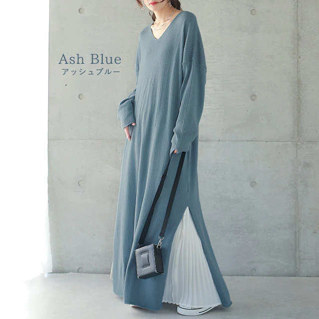 ゆったり 痩せ見え ニット ワンピ ワンピース ロングワンピース ■一部7月中旬入荷 ロング ニットワンピース ニットワンピ リブニット リブ 体型カバー スリット レイヤード 長袖 Vネック ドロップショルダー きれいめ 無地 プラスサイズ 大きいサイズ 春 夏 HUG.U - Image 10