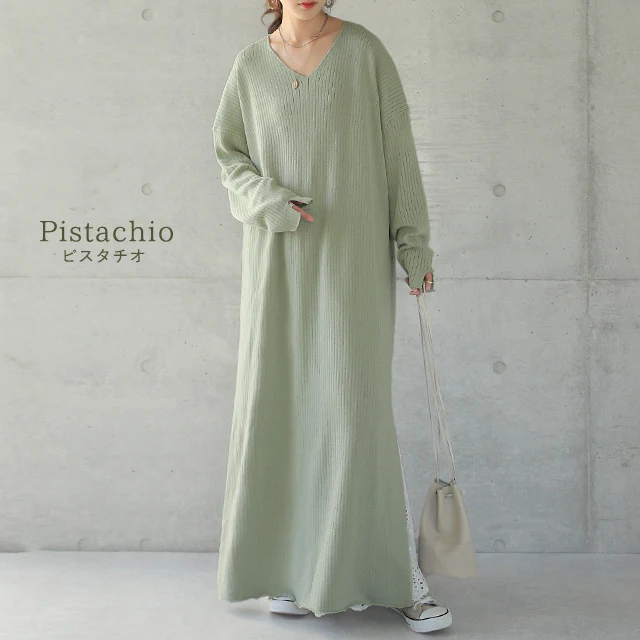 ゆったり 痩せ見え ニット ワンピ ワンピース ロングワンピース ■一部7月中旬入荷 ロング ニットワンピース ニットワンピ リブニット リブ 体型カバー スリット レイヤード 長袖 Vネック ドロップショルダー きれいめ 無地 プラスサイズ 大きいサイズ 春 夏 HUG.U - Image 11