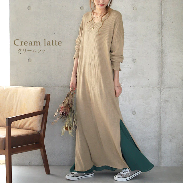 ゆったり 痩せ見え ニット ワンピ ワンピース ロングワンピース ■一部7月中旬入荷 ロング ニットワンピース ニットワンピ リブニット リブ 体型カバー スリット レイヤード 長袖 Vネック ドロップショルダー きれいめ 無地 プラスサイズ 大きいサイズ 春 夏 HUG.U - Image 13