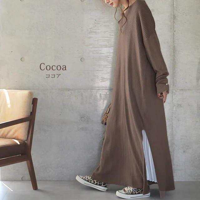 ゆったり 痩せ見え ニット ワンピ ワンピース ロングワンピース ■一部7月中旬入荷 ロング ニットワンピース ニットワンピ リブニット リブ 体型カバー スリット レイヤード 長袖 Vネック ドロップショルダー きれいめ 無地 プラスサイズ 大きいサイズ 春 夏 HUG.U - Image 15