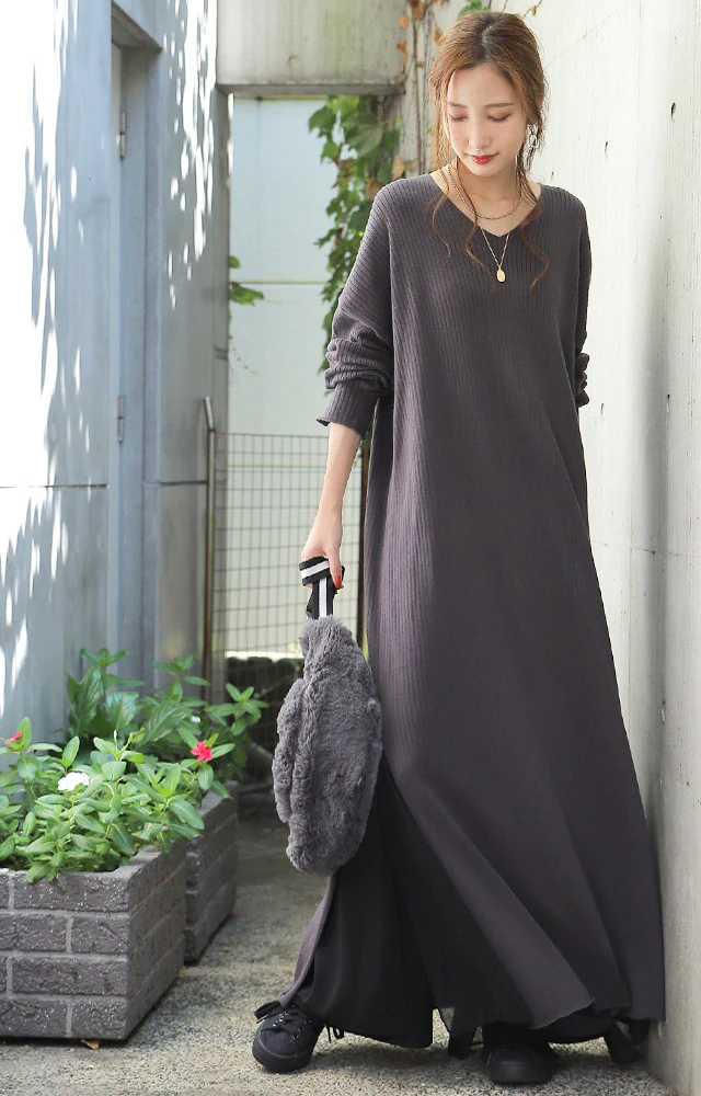 ゆったり 痩せ見え ニット ワンピ ワンピース ロングワンピース ■一部7月中旬入荷 ロング ニットワンピース ニットワンピ リブニット リブ 体型カバー スリット レイヤード 長袖 Vネック ドロップショルダー きれいめ 無地 プラスサイズ 大きいサイズ 春 夏 HUG.U - Image 19