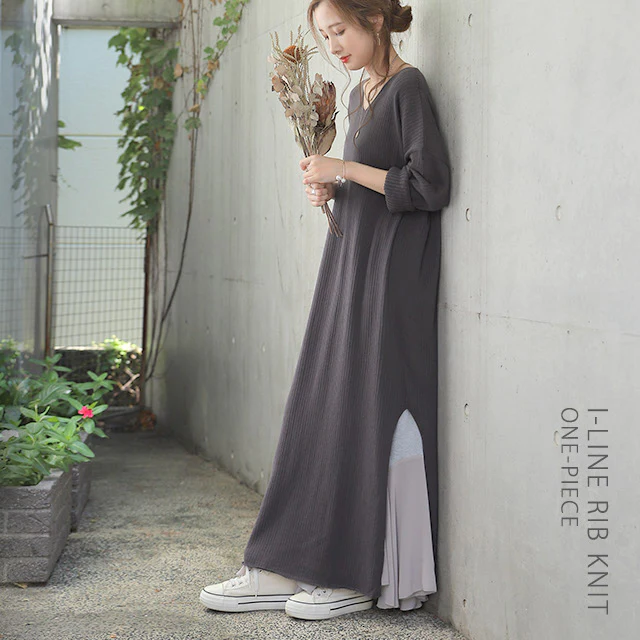 ゆったり 痩せ見え ニット ワンピ ワンピース ロングワンピース ■一部7月中旬入荷 ロング ニットワンピース ニットワンピ リブニット リブ 体型カバー スリット レイヤード 長袖 Vネック ドロップショルダー きれいめ 無地 プラスサイズ 大きいサイズ 春 夏 HUG.U - Image 22