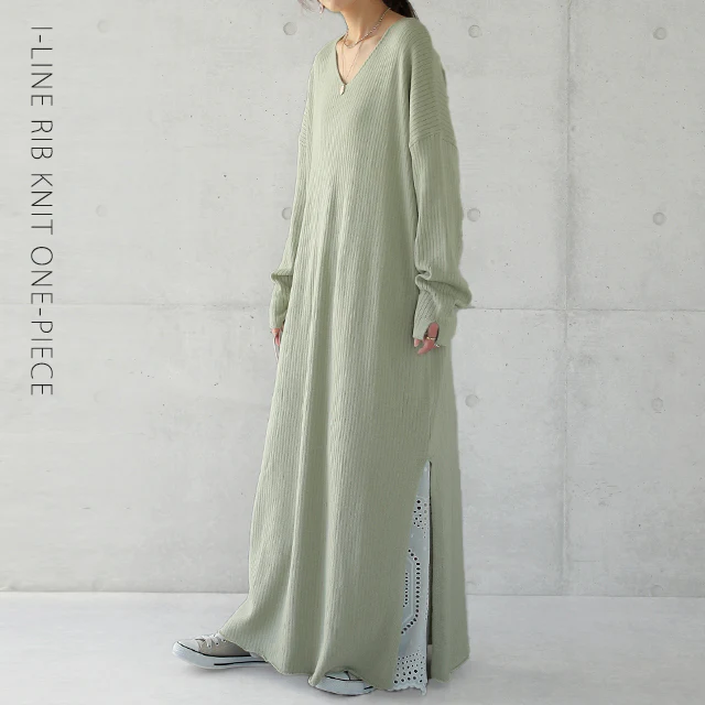 ゆったり 痩せ見え ニット ワンピ ワンピース ロングワンピース ■一部7月中旬入荷 ロング ニットワンピース ニットワンピ リブニット リブ 体型カバー スリット レイヤード 長袖 Vネック ドロップショルダー きれいめ 無地 プラスサイズ 大きいサイズ 春 夏 HUG.U - Image 26