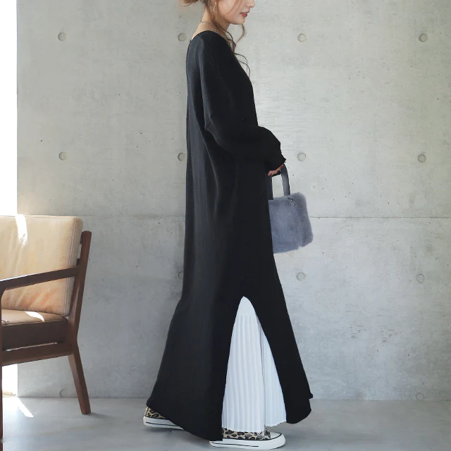 ゆったり 痩せ見え ニット ワンピ ワンピース ロングワンピース ■一部7月中旬入荷 ロング ニットワンピース ニットワンピ リブニット リブ 体型カバー スリット レイヤード 長袖 Vネック ドロップショルダー きれいめ 無地 プラスサイズ 大きいサイズ 春 夏 HUG.U - Image 32