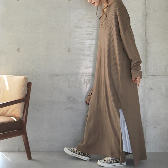ゆったり 痩せ見え ニット ワンピ ワンピース ロングワンピース ■一部7月中旬入荷 ロング ニットワンピース ニットワンピ リブニット リブ 体型カバー スリット レイヤード 長袖 Vネック ドロップショルダー きれいめ 無地 プラスサイズ 大きいサイズ 春 夏 HUG.U - Image 34