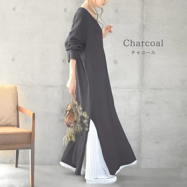 ゆったり 痩せ見え ニット ワンピ ワンピース ロングワンピース ■一部7月中旬入荷 ロング ニットワンピース ニットワンピ リブニット リブ 体型カバー スリット レイヤード 長袖 Vネック ドロップショルダー きれいめ 無地 プラスサイズ 大きいサイズ 春 夏 HUG.U - Image 35