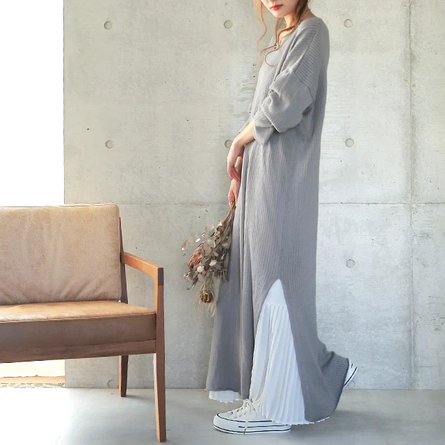 ゆったり 痩せ見え ニット ワンピ ワンピース ロングワンピース ■一部7月中旬入荷 ロング ニットワンピース ニットワンピ リブニット リブ 体型カバー スリット レイヤード 長袖 Vネック ドロップショルダー きれいめ 無地 プラスサイズ 大きいサイズ 春 夏 HUG.U - Image 36