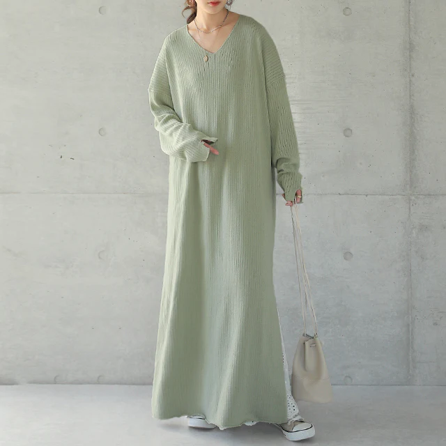 ゆったり 痩せ見え ニット ワンピ ワンピース ロングワンピース ■一部7月中旬入荷 ロング ニットワンピース ニットワンピ リブニット リブ 体型カバー スリット レイヤード 長袖 Vネック ドロップショルダー きれいめ 無地 プラスサイズ 大きいサイズ 春 夏 HUG.U - Image 37