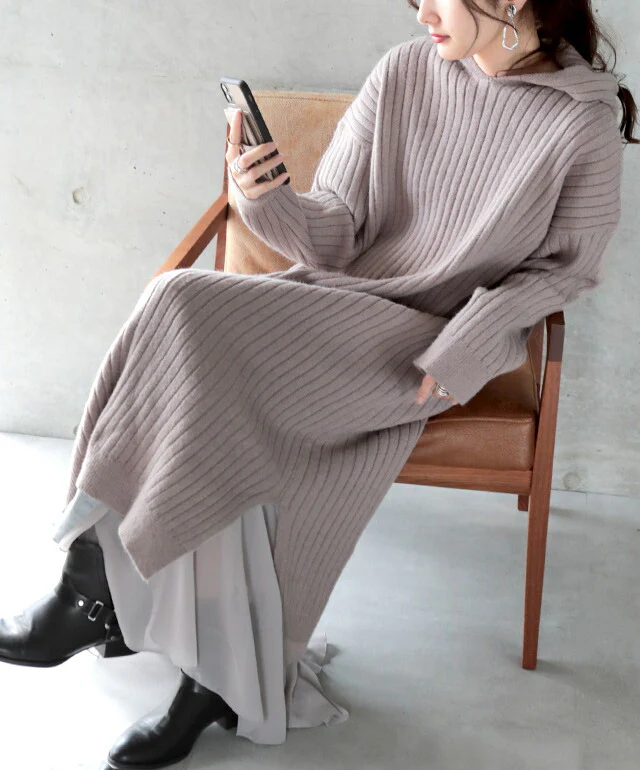 【特別価格】 「フード×スリット×ニット」で抜け感を演出 ニットワンピース ワンピース ニット リブニット ロングワンピース ロング スリット ニットワンピ レディース マキシ リブ ゆる 長袖 パーカーワンピース フード 大きいサイズ 春 夏 HUG.U - Image 12