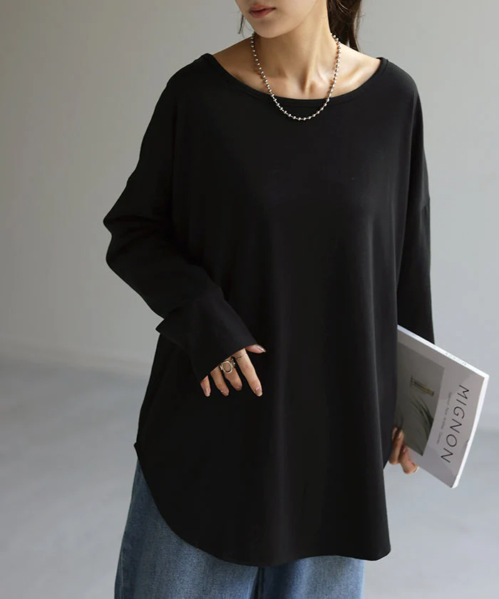 選べる2裾 レイヤード カットソー レディース ティーシャツ インナー 無地 長袖 Tシャツ ロング チュニック お尻が隠れる ゆる トップス クルーネック 重ね着 長い 大人 オフィス お洒落 伸縮性 黒 白 春 夏 HUG.U メール便 - Image 103