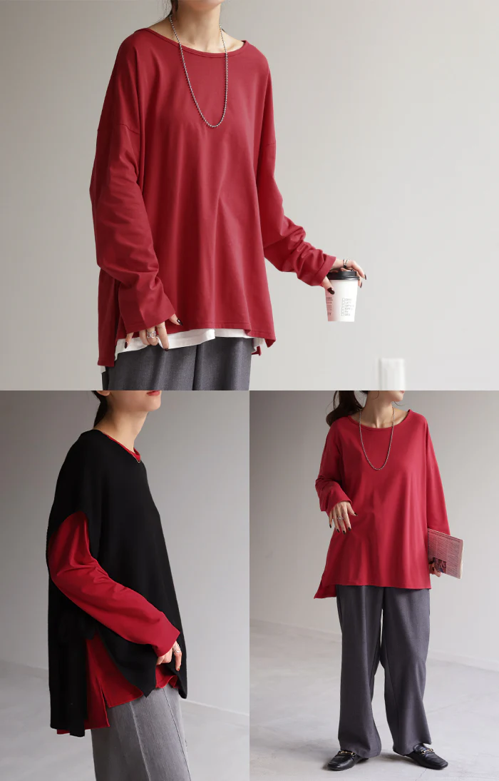 選べる2裾 レイヤード カットソー レディース ティーシャツ インナー 無地 長袖 Tシャツ ロング チュニック お尻が隠れる ゆる トップス クルーネック 重ね着 長い 大人 オフィス お洒落 伸縮性 黒 白 春 夏 HUG.U メール便 - Image 254