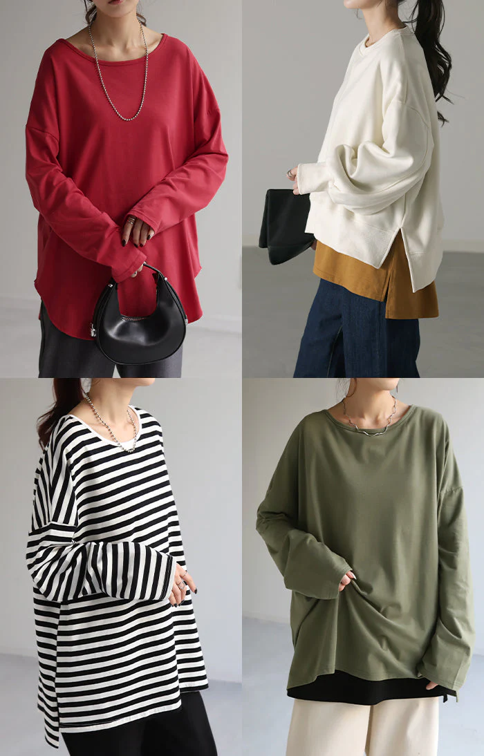 選べる2裾 レイヤード カットソー レディース ティーシャツ インナー 無地 長袖 Tシャツ ロング チュニック お尻が隠れる ゆる トップス クルーネック 重ね着 長い 大人 オフィス お洒落 伸縮性 黒 白 春 夏 HUG.U メール便 - Image 35