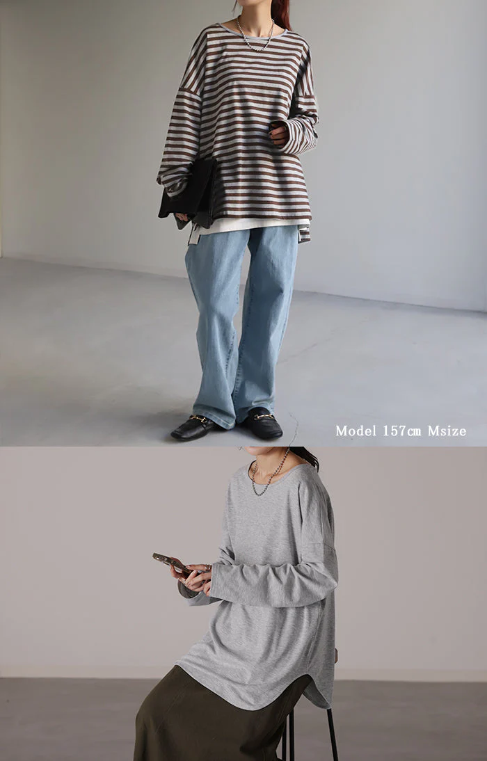 選べる2裾 レイヤード カットソー レディース ティーシャツ インナー 無地 長袖 Tシャツ ロング チュニック お尻が隠れる ゆる トップス クルーネック 重ね着 長い 大人 オフィス お洒落 伸縮性 黒 白 春 夏 HUG.U メール便 - Image 5