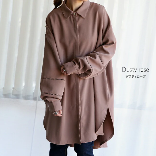 袖レース 大人 ぽわん袖 シャツ ロングシャツ トップス ロング 比翼 長袖 レース とろみ 大きいサイズ 体型カバー バルーン チュニック お尻が隠れる きれいめ 黒 レディース バルーンスリーブ レース 春 夏 HUG.U - Image 3