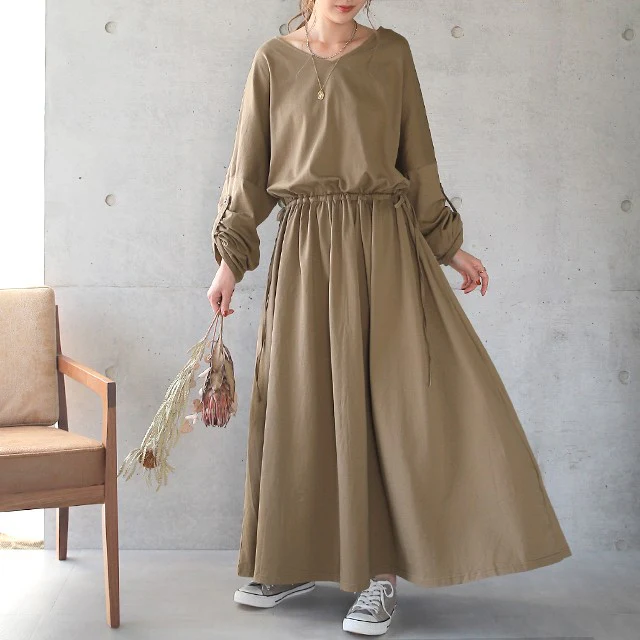 【このゆる感・この風合い】ありそうでない絶妙ワンピ ワンピース ロング レディース ロングワンピース ロングワンピ 長袖 マキシ フレアワンピース Aラインワンピース きれいめ 無地 Vネック 黒 グレー 大きいサイズ 春 夏 HUG.U - Image 14