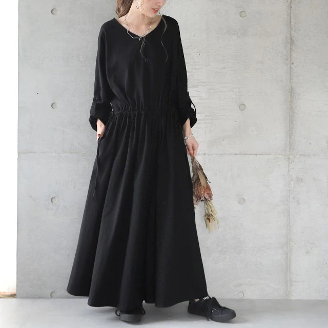 【このゆる感・この風合い】ありそうでない絶妙ワンピ ワンピース ロング レディース ロングワンピース ロングワンピ 長袖 マキシ フレアワンピース Aラインワンピース きれいめ 無地 Vネック 黒 グレー 大きいサイズ 春 夏 HUG.U - Image 26